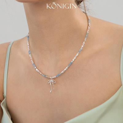 碎银海蓝宝纯银蝴蝶结项链女