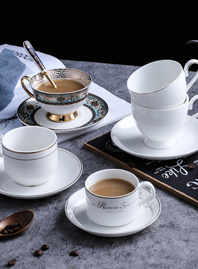陶瓷咖啡杯碟套装简约纯白色金线奶茶杯办公室招待咖啡杯下午茶杯