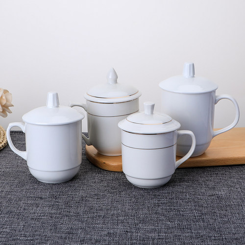 陶瓷带盖茶杯酒店宾馆客房泡茶杯办公室带盖水杯纯白色会议杯定制