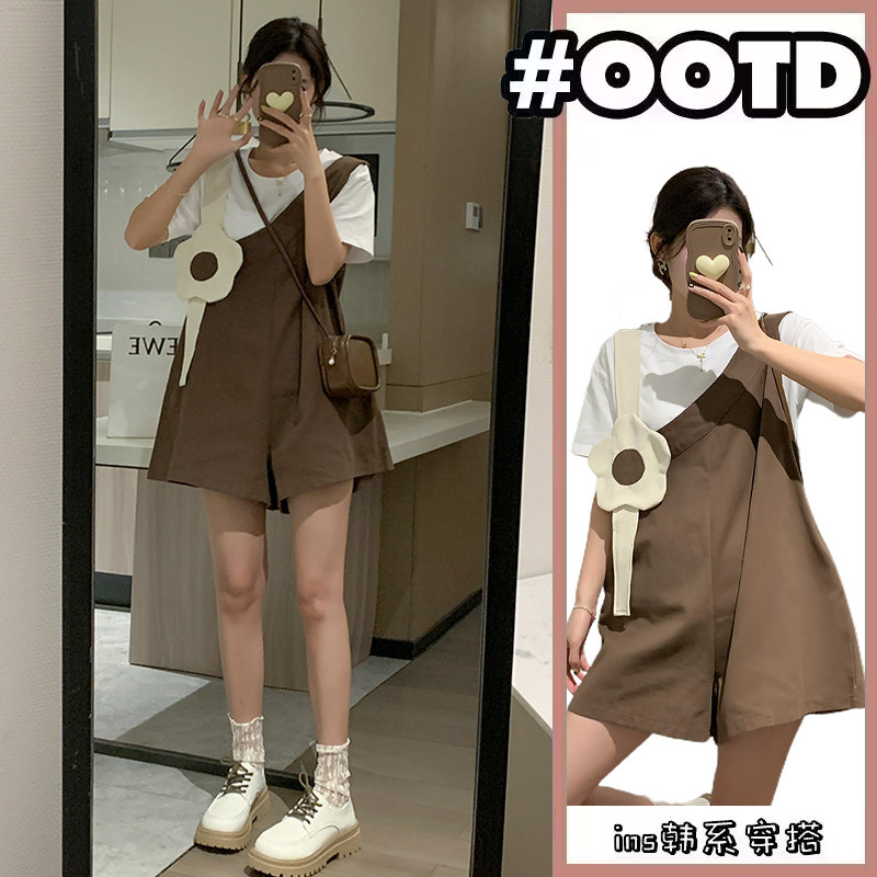 MATERNITY SUIT SUMMER DRESS HIGH-QUALITY COTTON SHORT-SLEEVED TOP LOOSE SIMPLE AND CUTE BIB SHORTS TWO-PIECE SET FOR SUMMER