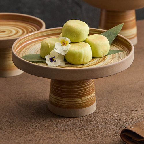 优格粗陶果盘水果盘家用茶几摆盘创意复古高脚盘餐厅糕点盘点心盘
