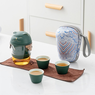 速发招财猫旅客杯一壶三杯便携式 泡茶 陶瓷杯户外快神功夫茶具套装