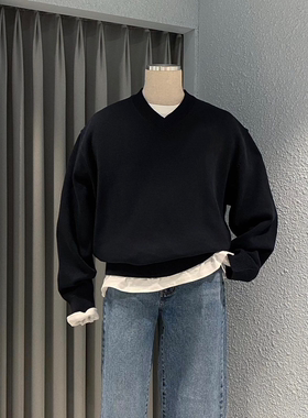 WEERE秋冬男士针织衫v领套头宽松休闲百搭纯色毛衣