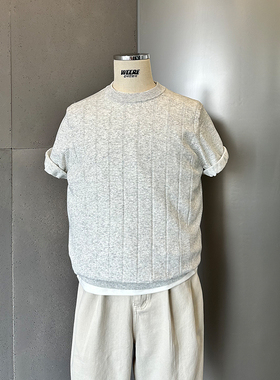 WEERE粗坑条休闲正肩羊毛混纺圆领短袖针织衫上衣