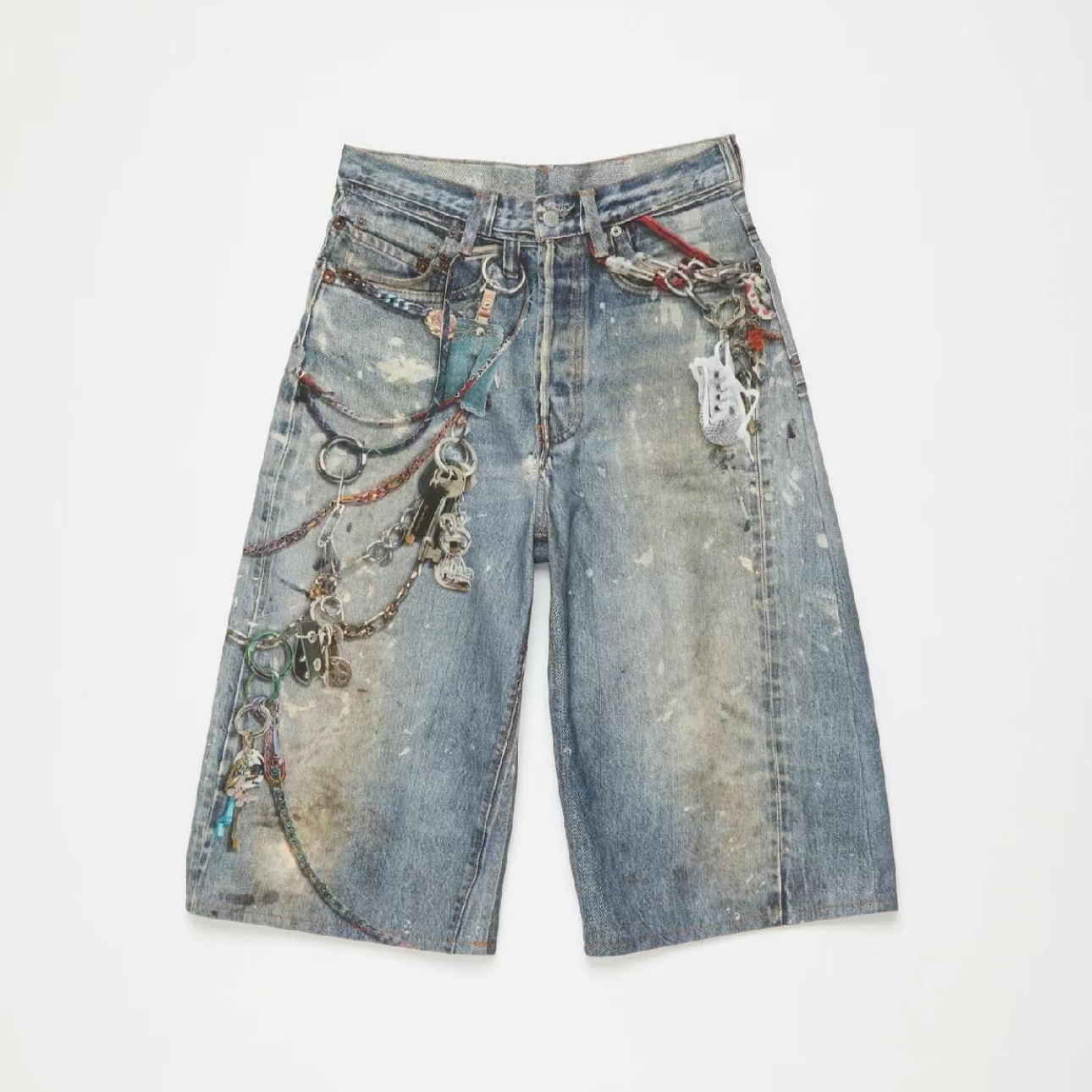 thumbnail for AC Style 24SS Blue Digital Print Graffiti Splash Ink 3D Trouser Chain Print Decoration Denim Shorts Loose Trend