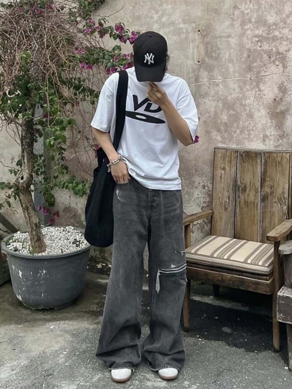 Y|PROJECT DESIGNER 23S NEW RIPPED WASHED BLACK GRAY JEANS WIDE LEG MICRO FLARED CASUAL TROUSERS