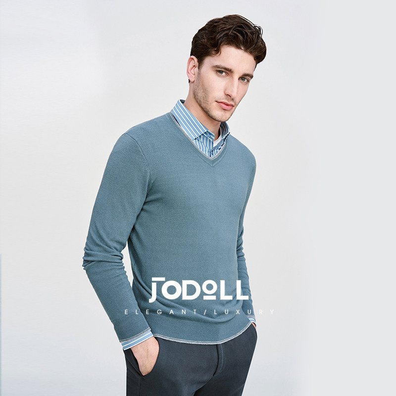 JODOLL乔顿撞色V领羊毛衫冬季舒适百搭休闲山羊绒男保暖打底毛
