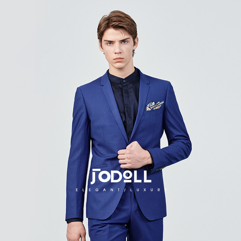 JODOLL乔顿【羊毛桑蚕丝】男士西服外套商务休闲宝蓝色修身小西
