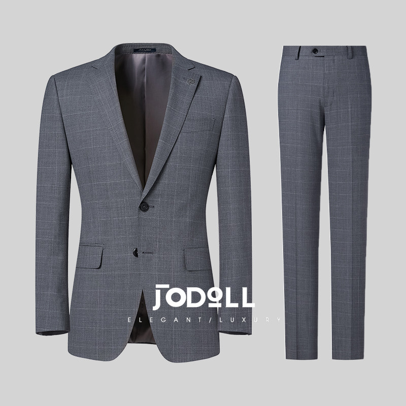 JODOLL乔顿【绵羊毛桑蚕丝】西服套装男商务正装修身灰色格子套