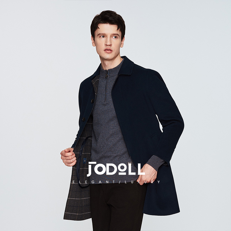 JODOLL乔顿男士100%绵羊毛藏青色商务休闲中长款宽松翻领保暖大衣