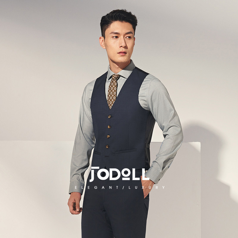 JODOLL乔顿男商务正装藏青色格纹修身羊毛桑蚕丝西服马甲,男装,常规马甲,淘宝优惠券,粉丝福利购,淘宝优惠卷