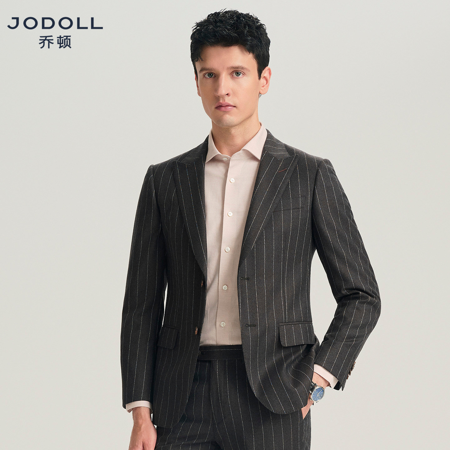 JODOLL乔顿男西服套装上衣小众商务休闲时尚竖条纹绵羊毛西装外