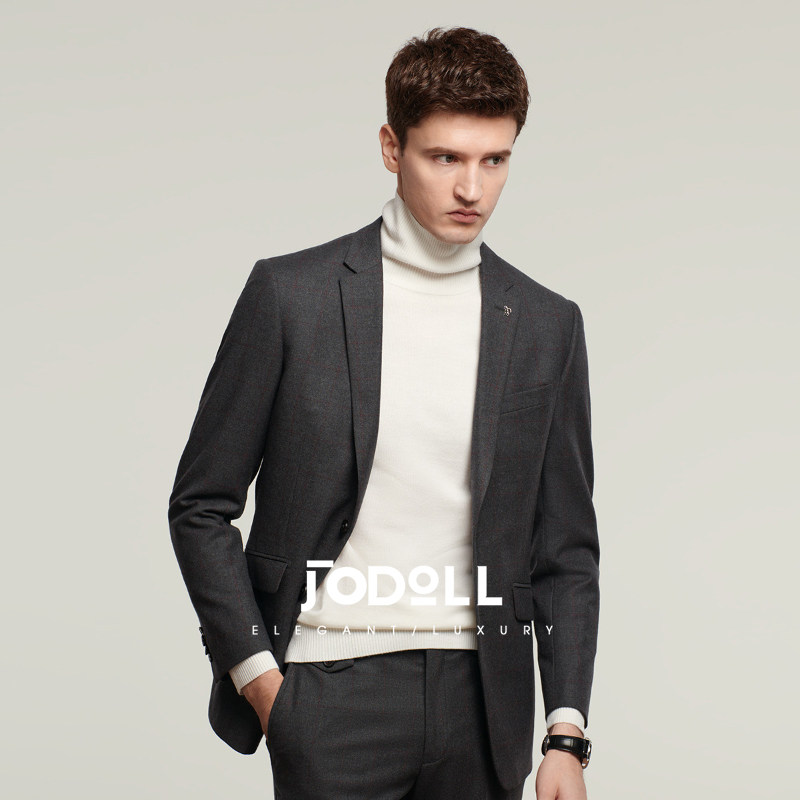 乔顿商务绅士灰色西服韩版休闲男士修身格纹羊毛小西装2025秋冬
