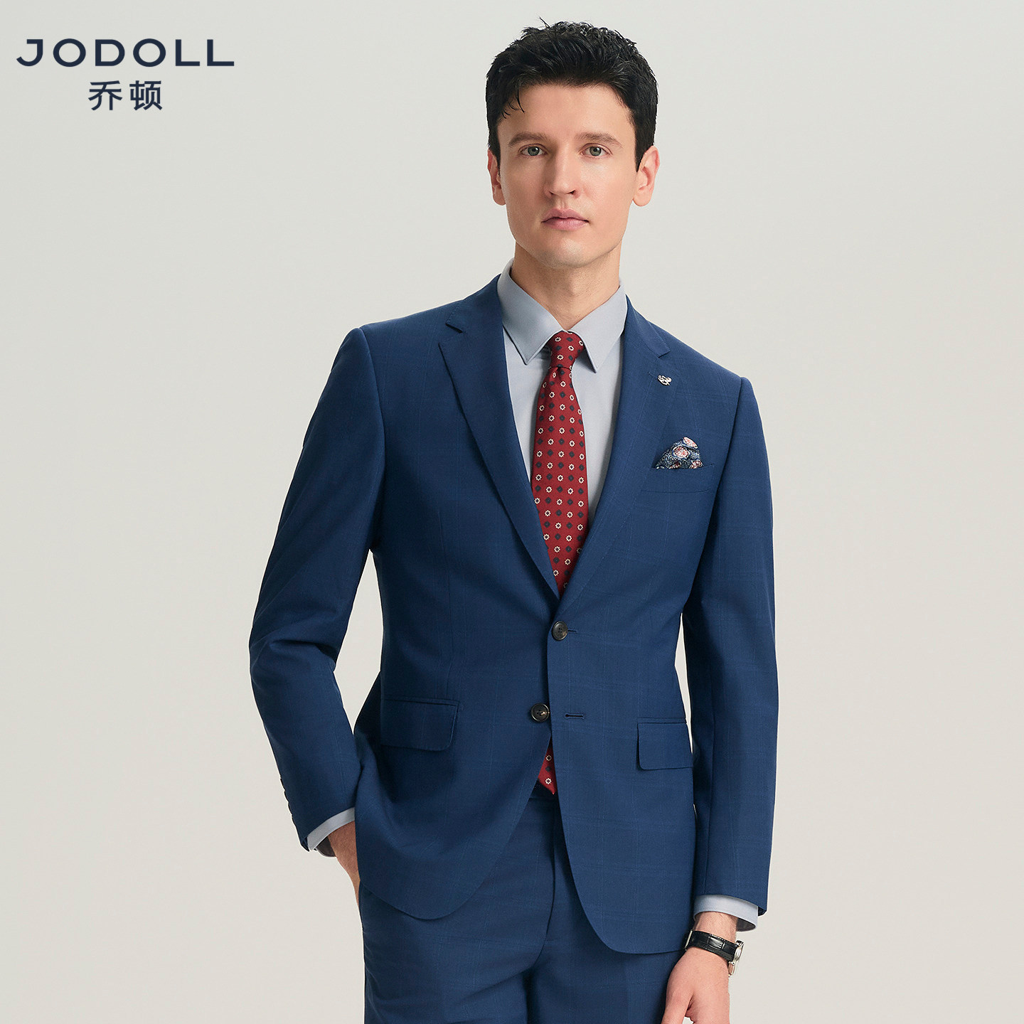 JODOLL乔顿【绵羊毛桑蚕丝】西服男商务休闲修身深蓝色格子小西