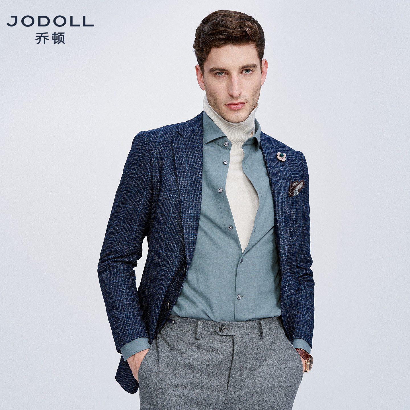JODOLL乔顿商务绅士修身绵羊毛单西男潮流休闲时尚花纱格纹小西