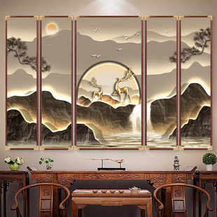 高端实木中堂画客厅福鹿流水挂画新中式 饰画 农村堂屋大气山水装