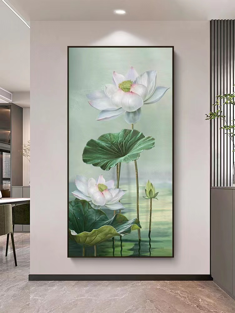 大芬村油画新中式荷花客厅装饰画玄关走廊竖版现代花卉挂画图片