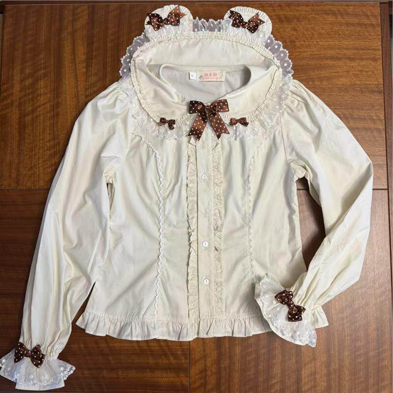 秋冬原创甜美可爱熊O泡l洛丽塔长袖内搭女泡泡袖lolita娃娃领衬衫