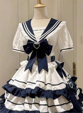 洛丽塔可爱夏日海军风绀色水蓝色青春元气少女JK蛋糕裙洋装连衣裙