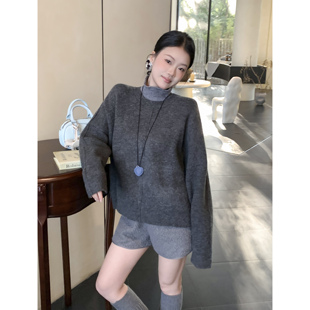 张小醒DRESS STUDIO韩系宽松衫竖线拼色假两件半高领加绒毛衣女装