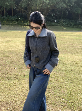 张小醒DRESS STUDIO灰色翻领毛衣外套女冬季女高级感针织开衫上衣