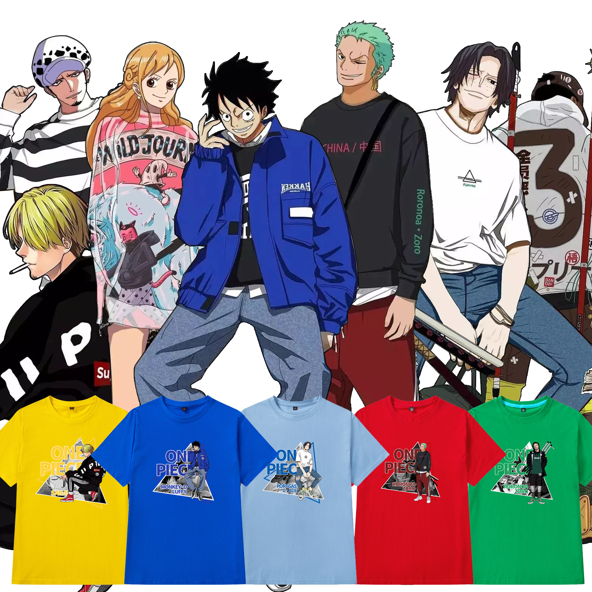 夏季日系海贼王联名短袖t恤男女情侣索隆路飞艾斯宽松动漫ins印花