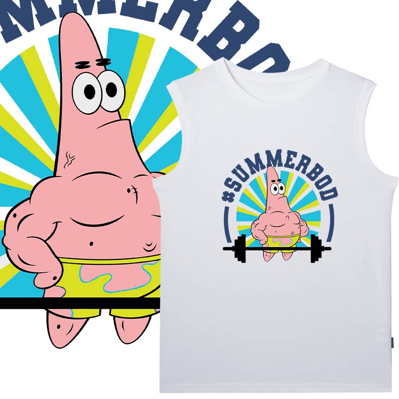 派大星哑铃撸铁无袖t恤卡通健身训练服虾霸运动纯棉创意文字背心