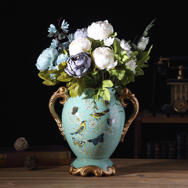 欧式田园陶瓷大花瓶摆件美式复古现代客厅装饰品仿真干花艺插花器