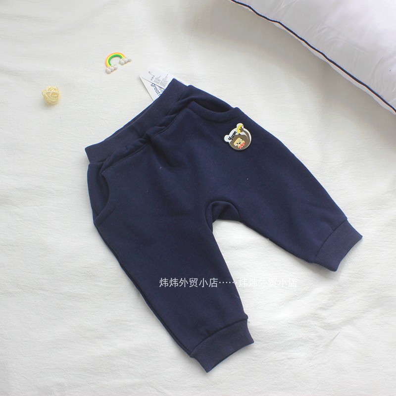 春秋纯棉宝宝针织长裤一体婴儿绒儿童休闲裤子卡通大PP裤蓝色73