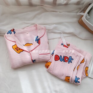 春夏薄纯棉纱绉布哺乳月子服可爱鸭水洗棉纱布喂奶家居服孕妇睡衣