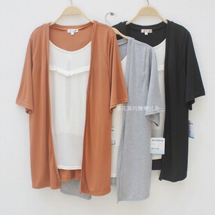 孕妇夏装出口日单夏季短袖哺乳上衣假两件开衫式喂奶外出衣授乳服