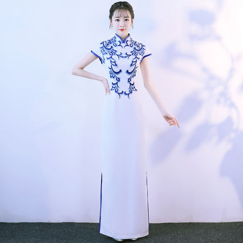 白色大合唱演出服女长裙长款成人独唱合唱团表演晚礼服旗袍新中式