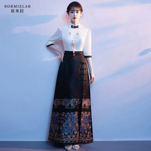 黑色中国风大合唱演出服礼服女长裙汉服旗袍改良主持人女礼服大码