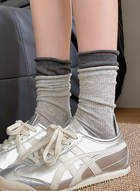 夏季薄款袜子女中筒袜撞色卷边罗口百搭长袜日系灰色透气堆堆袜