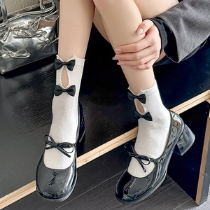 白色蝴蝶结袜子女中筒袜日系可爱jk学院风黑色甜美洛丽塔公主袜