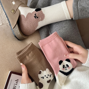 日系可爱小熊植绒袜子女中筒袜ins潮春秋卡通学院风个性 秋天长袜