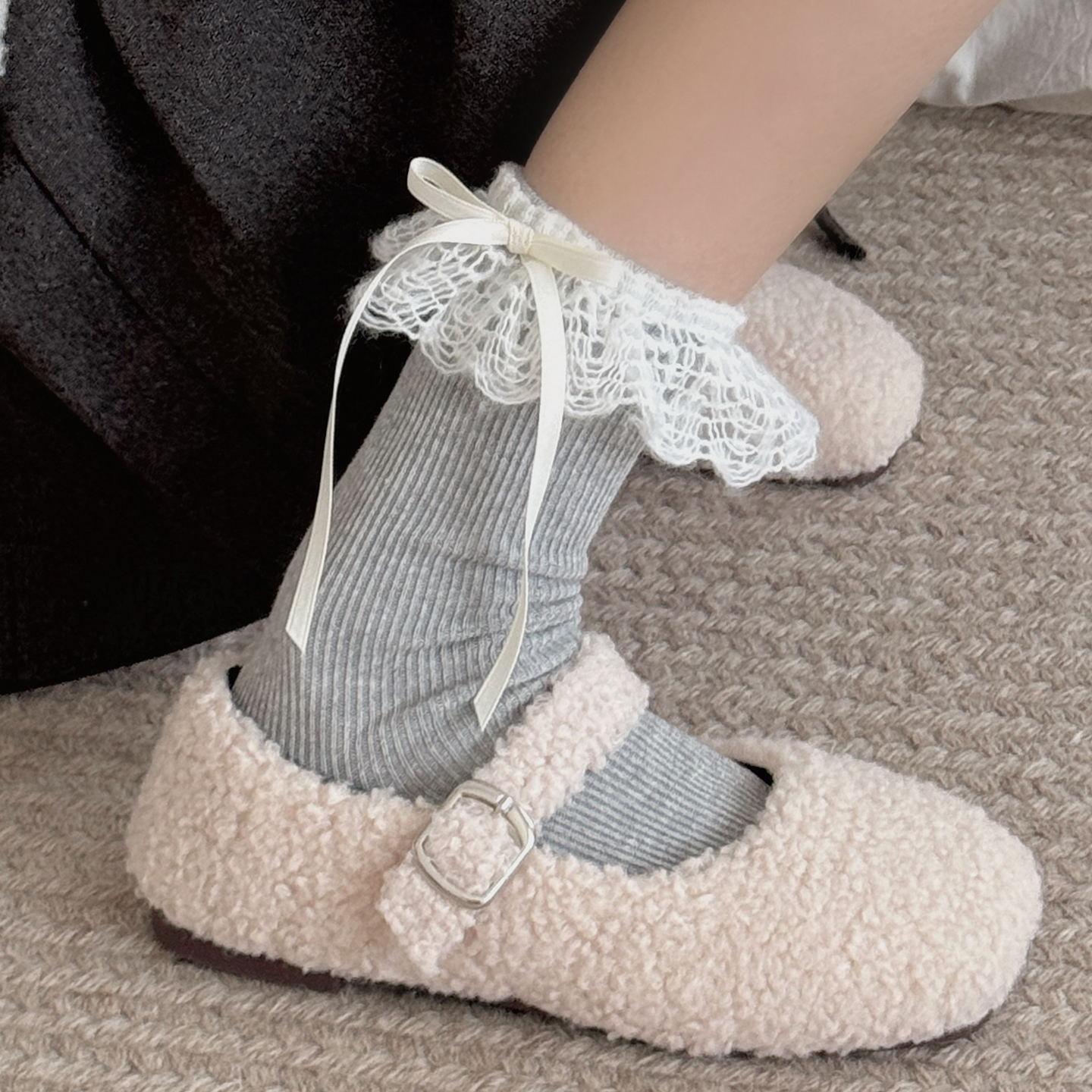 日系jk少女白色毛线花边袜子女中筒袜芭蕾风韩系miu风蝴蝶结长袜