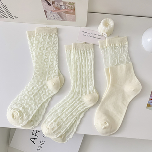 卡丝水晶袜子女中筒袜ins潮百搭透气 米白透明镂空丝袜女春夏薄款
