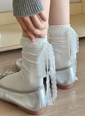 蕾丝花边袜子女芭蕾风韩版绑带蝴蝶结中筒袜日系可爱灰色jk无骨袜
