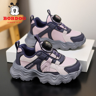 巴布豆女童鞋子秋冬季2025新款皮面防水女孩黑色老爹鞋儿童运动鞋