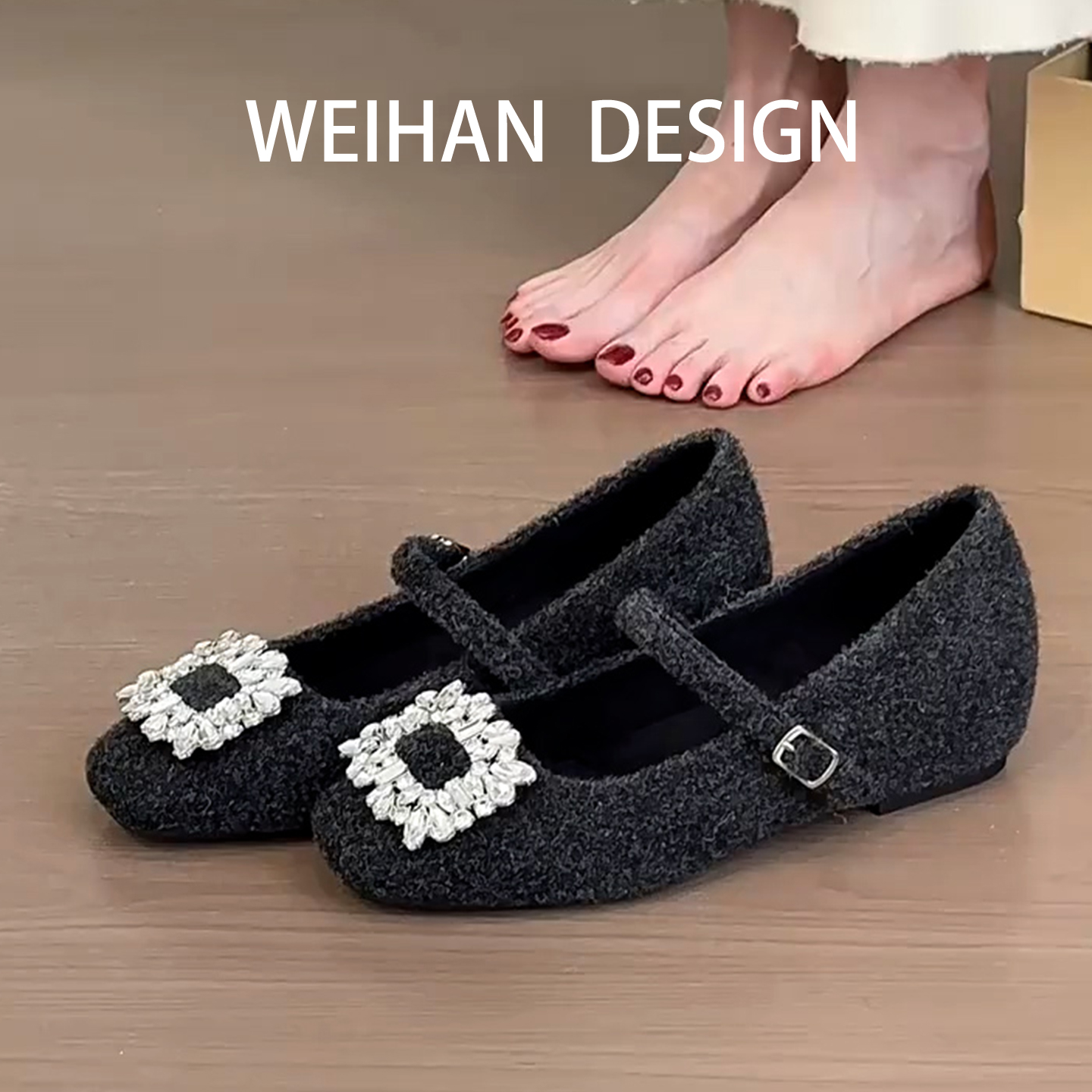 法式水钻方扣玛丽珍鞋女