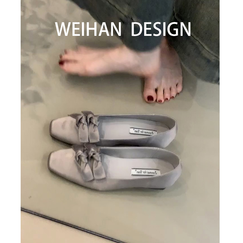 方头浅口蝴蝶结单鞋女粗跟