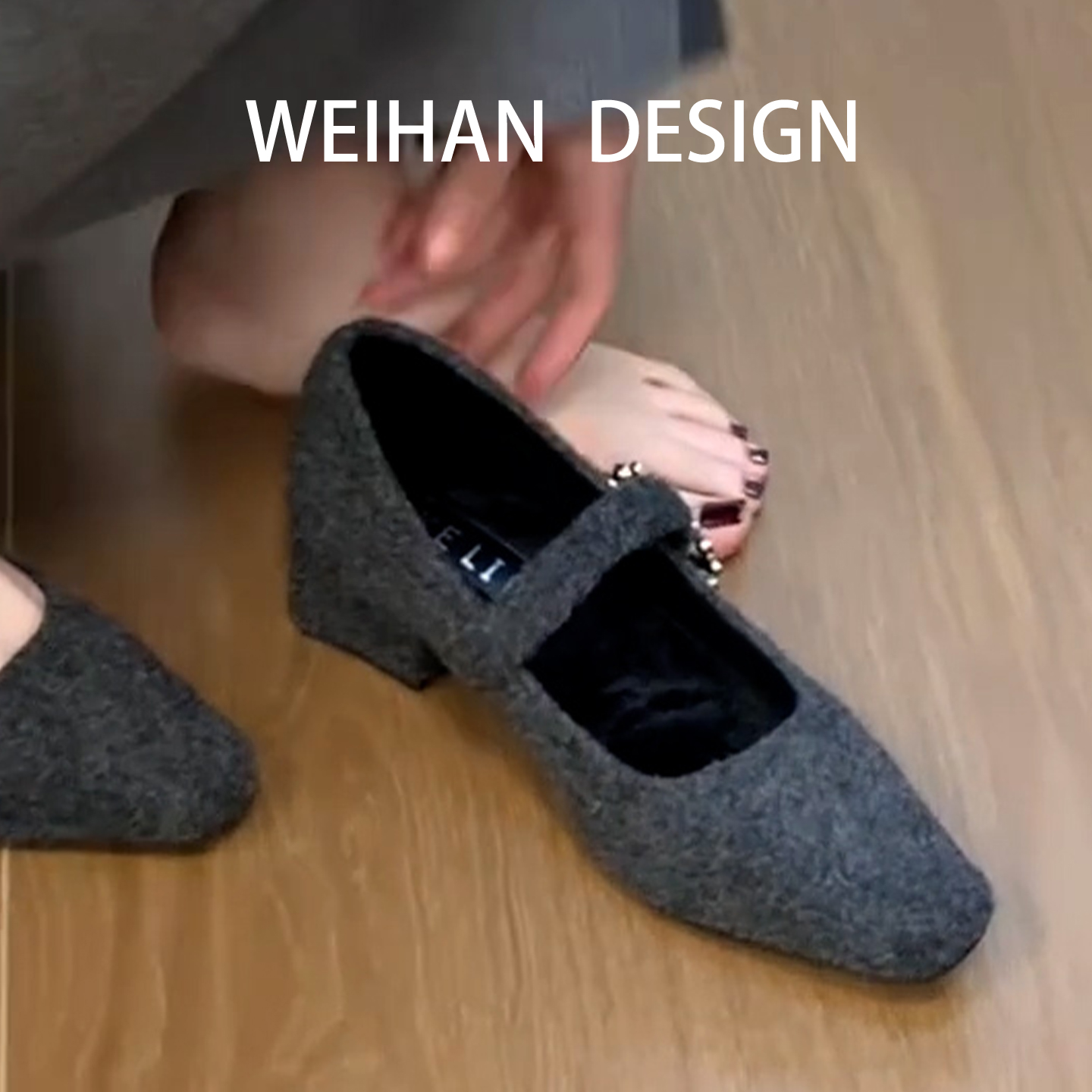 水钻方头加绒玛丽珍鞋女