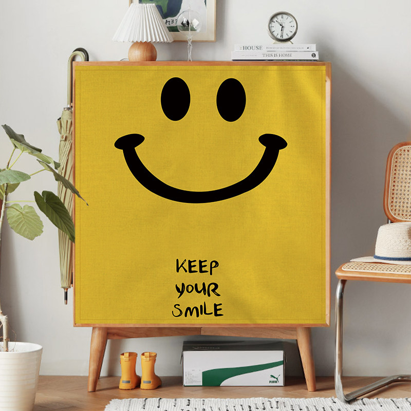 微笑脸图案棉麻布艺遮丑挂帘装饰半帘免打孔家用北欧防尘盖布定制