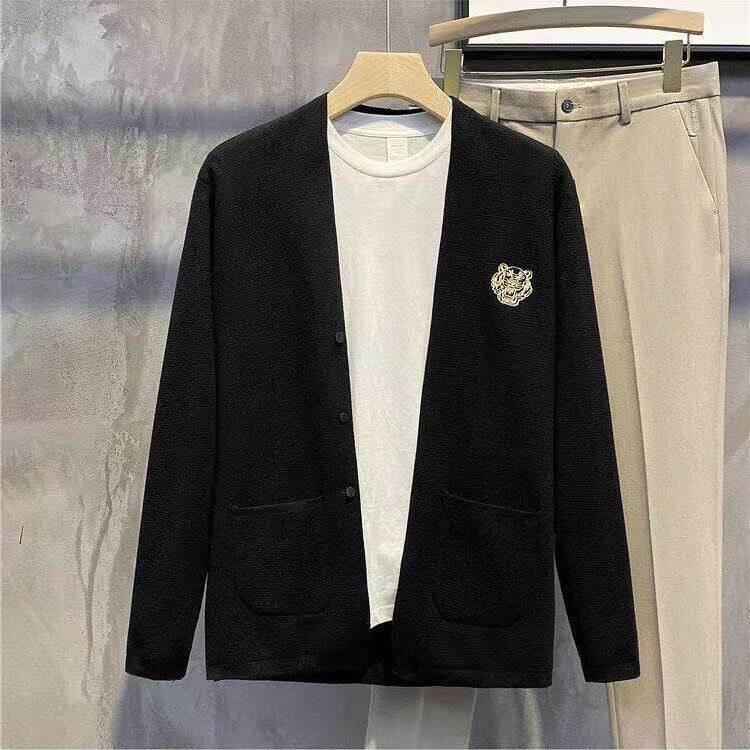 欧洲站刺绣虎头简单纯色上衣外套百搭潮2021秋季新款男士针织开衫