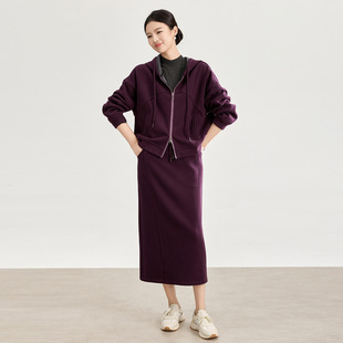 南油新款 松紧腰半裙套装 通勤柔暖羊毛混纺连帽卫衣外套 2517205