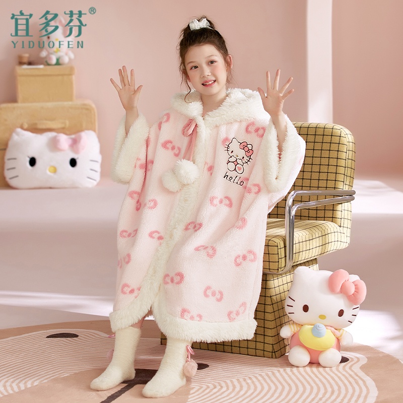 秋冬女童睡袍加厚珊瑚绒长款睡衣卡通公主风女孩浴袍保暖带帽斗篷