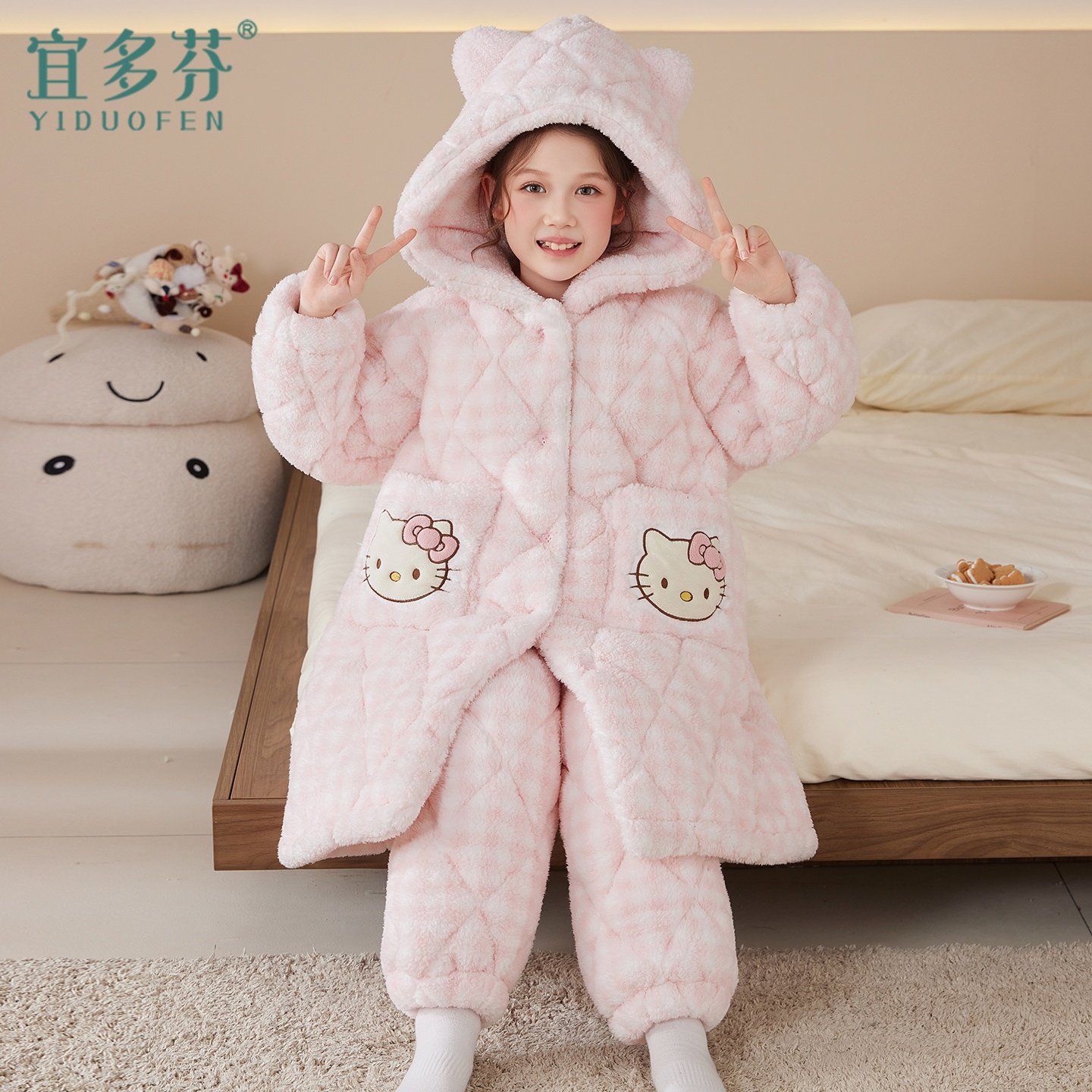 女童睡衣冬款三层夹棉加厚保暖中长款珊瑚绒儿童睡袍中大童家居服