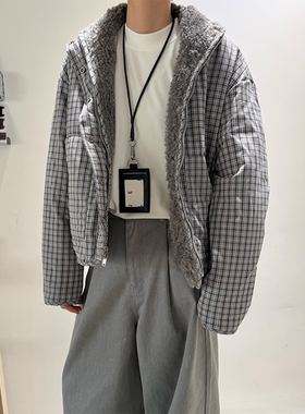 MONO 极简复古格纹双面穿棉衣羊羔毛宽松休闲保暖棉服外套情侣装