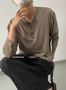 MONOCHROME*慵懒亨利领长袖垂感面料丝滑纯色休闲复古纽扣设计